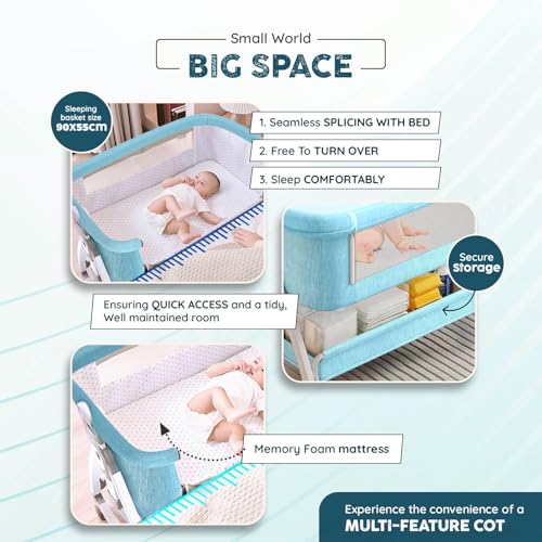 Image of Premium 6-in-1 Baby Bedside Cot, Crib, Cradle Portable All-Mesh Bassinet with Multi-Purpose Tray,Wheels, Storage Basket, and 6 Height Adjustments, for Newborns- SkyBlue | Breathable Cloth