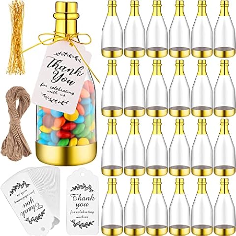 Gerrii 50 Pcs Metallic Mini Champagne Bottle Candy Container Mini Bottle Shaped Jars Gold Plastic DIY Favor Candy Bottle Wedding Party Favor Containers with Gift Tags Gold Strings and 65.6ft Rope Cover