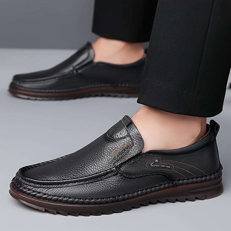 Men's Solid Colour Classic Top Grain Cow Leather Upper Slip On Loafer Shoes, Comfy Non Slip Rubber Sole Durable Dress Shoes, Men's Footwear2