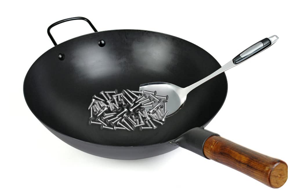 Wok en fer fait à la main, casserole asiatique avec poignée d'aide, fond plat Pow Wok,Convient pour la cuisson au gaz, électrique et à induction Diamètre de la marmite : 34 cm