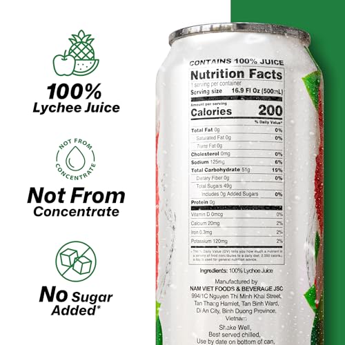 Image of VINUT 100% Lychee Juice, No Added Sugar, Not From Concentrate, 16.9 fl oz (500 mL) Can, Pack of 24