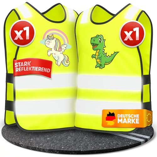 PURAHELP® Warnweste Kinder (3-12 Jahre) Sicherheitsweste [2 Stück - Dino & Einhorn] für den Schulweg, Fahrrad, Kindergarten - Reflektierende Warnweste Gelb