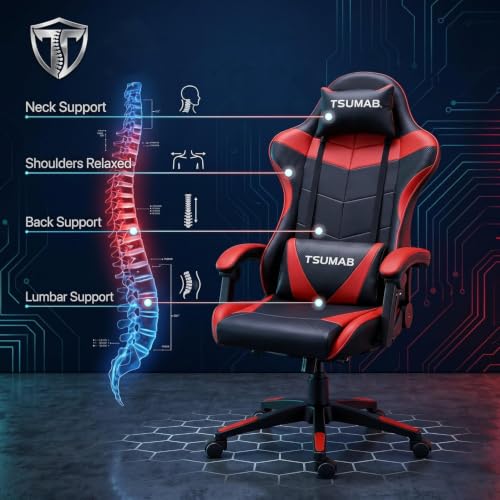 Image of Ergonomic Gaming Chair with Adjustable Recline, Padded Armrests & Lumbar Support - Heavy Duty Office & Gaming Chair for Home and Work (Black & Red)