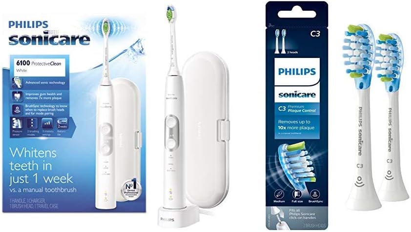 Protective Clean 6100 White and 2 pack Premium Plaque Control Brush Head Bundle