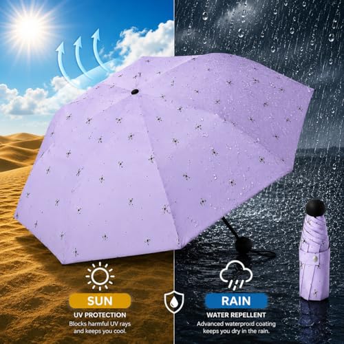 Image of Mini Umbrella with Case for Men & Women (Manual Open) Compact Travelling Pocket Umbrella, Polyester & UV Protect Fabric for Summer /Anti-Slip Handle- Use in Rain & Summer (Purple-Print)