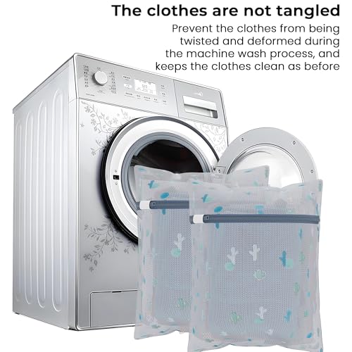 Image of Kuber Industries Set of 9 Polyester Mesh Laundry Bag with Zip | Reusable Washing Bags for Washing Machine | Ideal for Delicate Fabrics, Lingerie & Shoes Protection | YZ-8-1 | Cactus Print - White