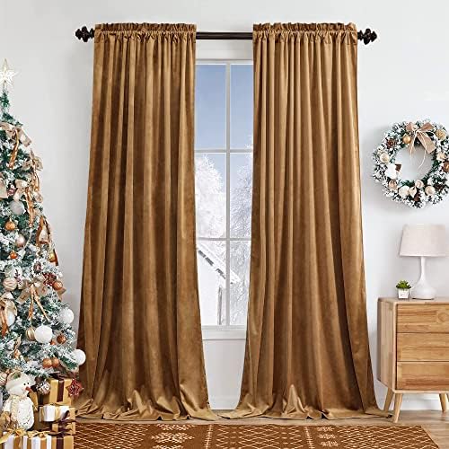 Benedeco Camel Velvet Curtains for Bedroom Window, Super Soft Luxury Drapes, Room Darkening Thermal Insulated Rod Pocket Curtain for Living Room, W52 by L84 inches, 2 Panels