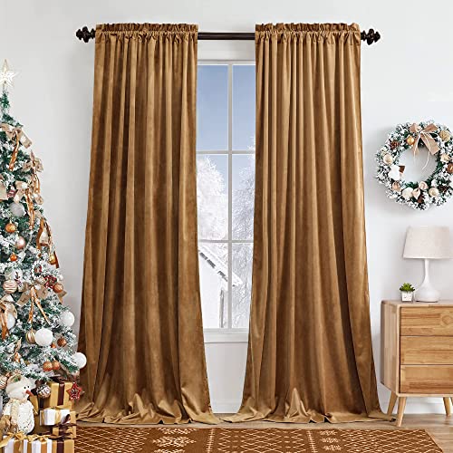 Benedeco Camel Velvet Curtains For Bedroom Window, Super Soft Luxury Drapes, Room Darkening Thermal Insulated Rod Pocket Curtain For Living Room, W52 By L84 Inches, 2 Panels #TOP3
