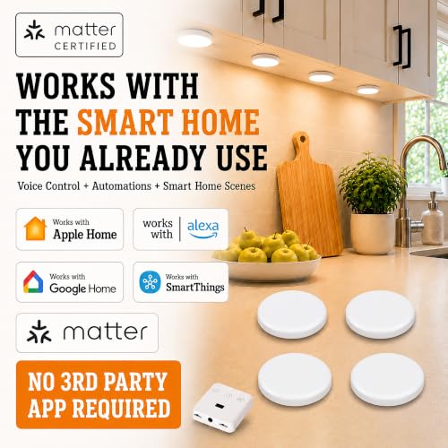 Image of Smart Under Cabinet Lighting 4 Puck Light Kit, Wide Angle LED Puck Lights, 2700K-6500K Tunable White, Matter Certified, Works with Alexa, Google & Apple