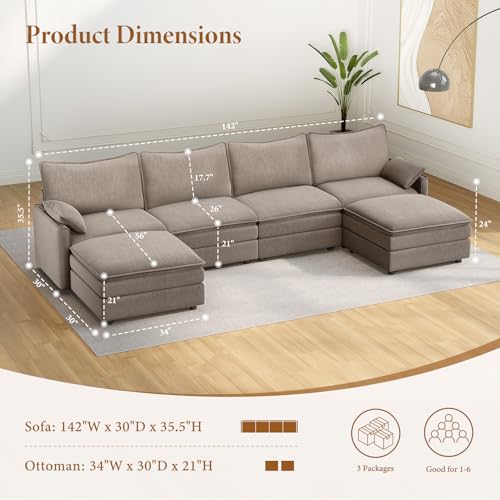 Image of Vesgantti 142 inch Comfy Cloud Modular Sectional Couch, U Shaped Sofas with 2 Ottoman for Living Room, Deep Seat in Modern Chenille Brown, Cloud Sectional Sofa for Bedroom and Apartment, Light Brown