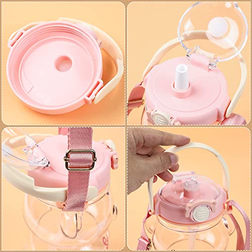 Image of 1 Liter Capacity Cartoon Teddy Bear Water Bottle Sipper Water Bottle Portable Mouth With Straw, Sticker, Strap Smile Teddy Bottle - Color (Pink)