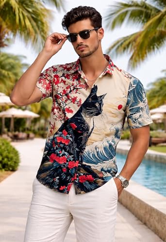 Image of Men's Watercolor Lion Print Button-Down Shirt, Short Sleeve, Casual Summer Wear, White