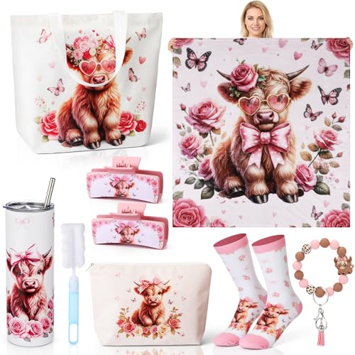 FoldTier 8 Pcs Pink Highland Cow Gifts for Women Graduation Highland Cow Lover Stuff 20oz Tumbler Blanket Canvas Tote Bag Makeup Bag Socks Keychain Hair Claw for Sister Daughter Friend Birthday Gift