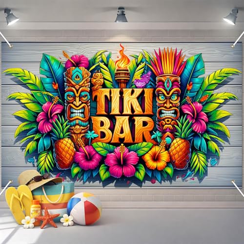 Image of BlissYard Luau Party Decorations Hawaiian Tiki Bar Banner 71 x 43 Inch Tiki Party Decorations Aloha Banner Luau Decor Tiki Bar Backdrop with Tiki Masks Flowers for Summer Beach Wall Decor