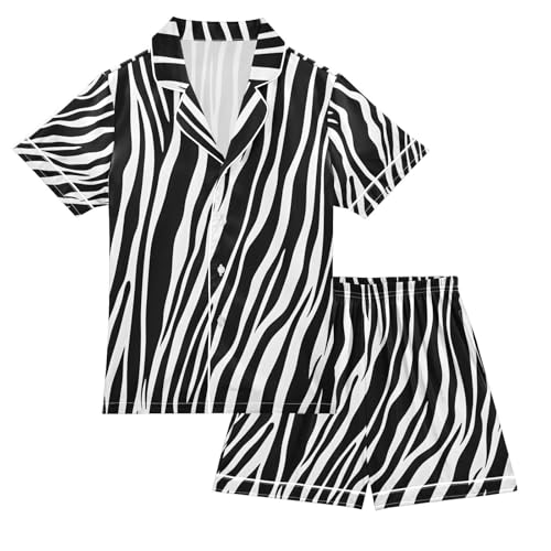 ALAZA White Black Print Zebra Satin Pajamas Set Short Sleeve Button Down Sleepwear Summer Pjs 2 Piece