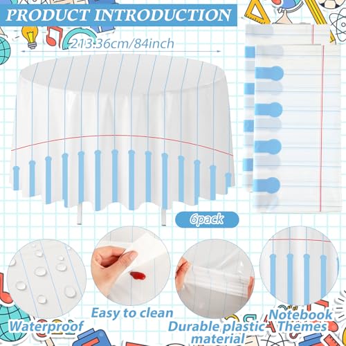 Image of Ganeen 6 Pcs 84 Inch Notebook Plastic Tablecloths Preschool Classroom Party Decoration Round Disposable Table Covers for Back to School Kindergarten Classroom Party Decoration