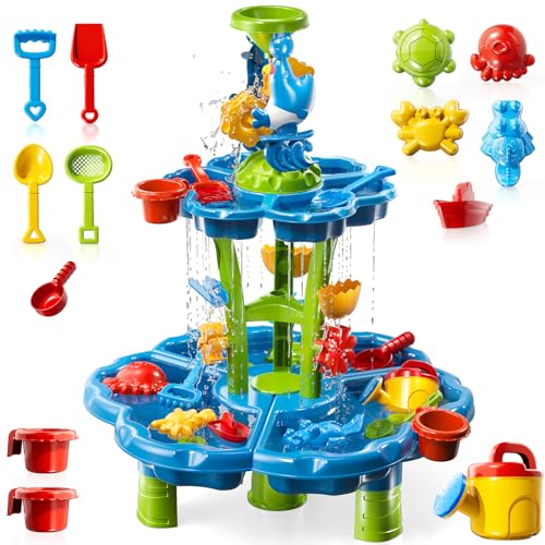 Water Table for Toddlers 3-5 4-8, 2-Tier 3 in 1 Kids Sand and Water Table, Summer Outdoor Beach Outside Backyard Activity Sensory Water and Sand Tables, Birthday Party Gift for Kids Boys and Girls