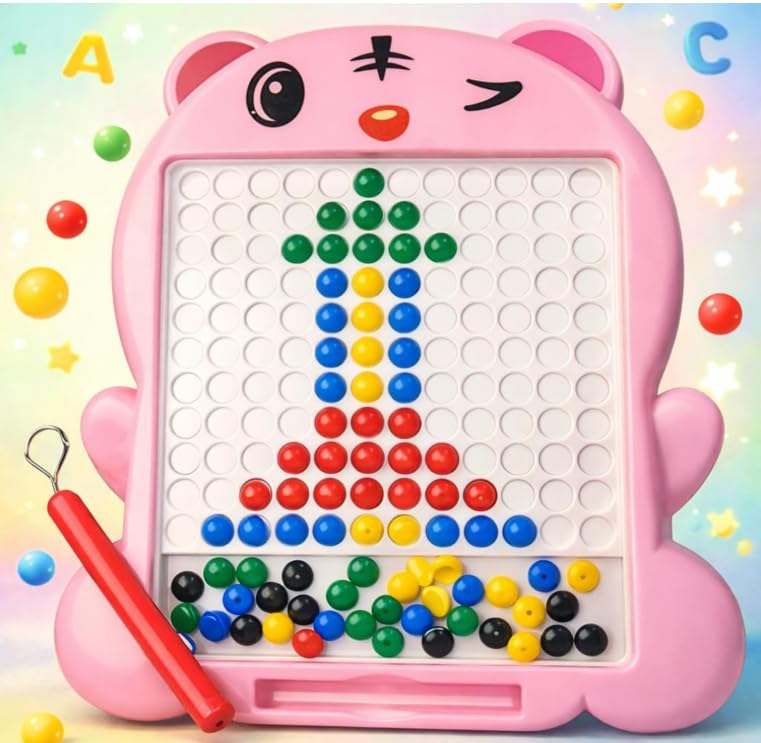 Image of Pink Magnetic Drawing Board for Kids - Magnetic Mosaic Puzzle Board with Color Beads, Magnetic Pen & Pattern Cards - Educational STEM Learning Toy for Kids - (Pack of - 1)