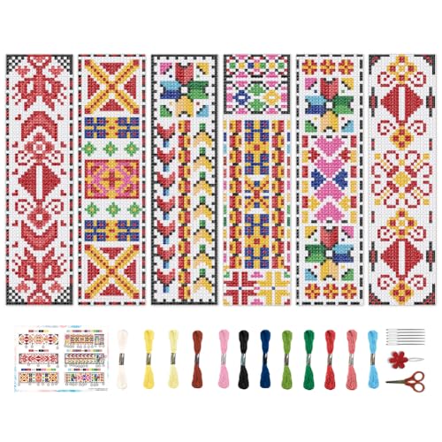 Image of BEUNITONE Cross Stitch Bookmark Kits 6 Pcs Traditional Decorative Patterns Counted Cross Stitch Kit Hand Stamped Embroidery Kit for Beginners Floral Fabric Bookmark Making Kit DIY 8''x2.4''