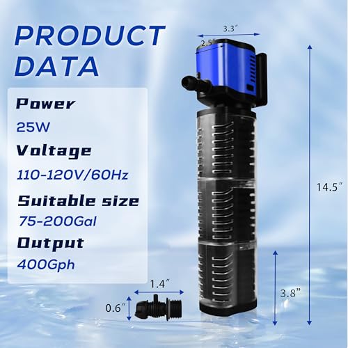 Image of Internal Aquarium Filter for 75-200 Gallons Tank, Removable, Submersible Fish Tank Filter, 400GPH Powerful Pump for Large Fish Tanks, Turtle Tanks, Deodorization Decontamination Filter System