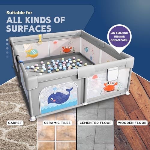 Image of Playards|Playpen for Kids up to 4 Years, Spacious 150x150 cm Baby Play Yard with Safety Lock & Hand Grip, Thick Padding & 360 Mesh Visibility, Portable Activity Center for Toddlers -Grey