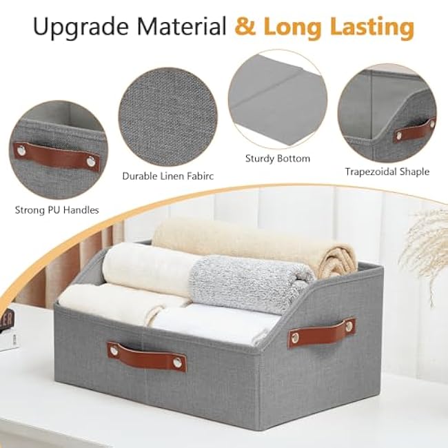 Closet Organizers and Storage, Linen Trapezoid Storage Bins with Handles, Collapsible Shelf Organizer for Blanket, Towel, Clothes, Hats, Purse (Gray)