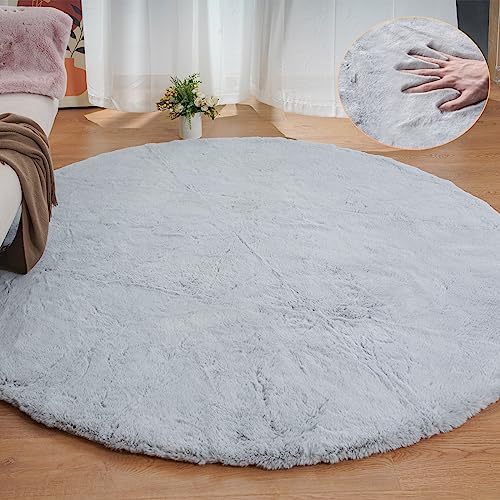 Silver Grey Round Rugs 8ft Shag Washable Area Rugs for Bedroom Faux Bunny Fur Circle Rug for Living Room Large Sheepskin Nursery Rug Home Décor