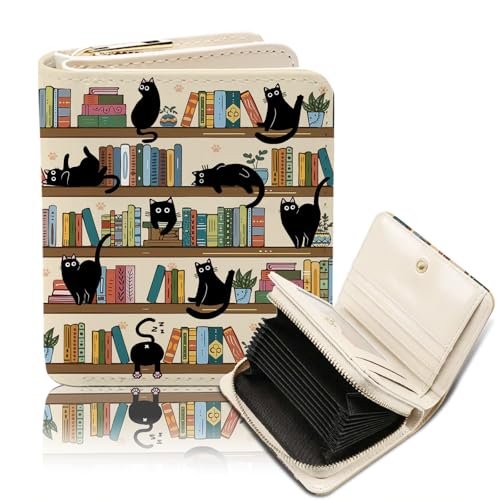 Goiicoln Cats Womens Accordion Wallet Black Cat Bookshelf Wallet Zipper Accordion Wallets for Women PU Leather Card Cases Money Organizers Wallets Credit Card Holder Cats Gift for Ladies Girl