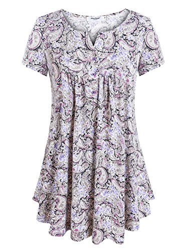 Anna Smith Túnica Tops Mujer, Mujer Baggy Fitted Flowers Camisas Estampadas Manga Corta Henley V Collar Tejidos elásticos y Camisetas Cool Designer Tshirts Purple XL