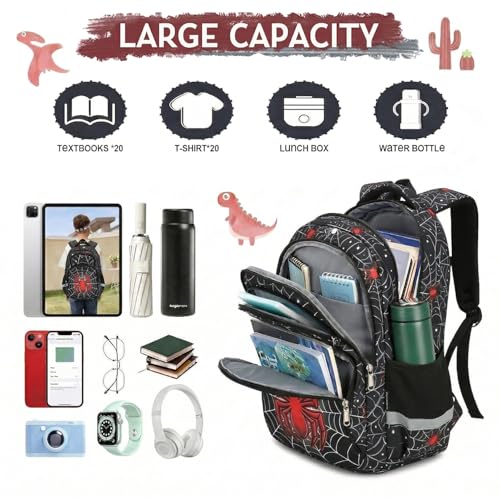 Image of Cusangel kids Backpack with lunch box for School Boys Girls 8-12ages,16in Bookbag Stitch,durable Water Resistant,7 Pockets, Adjustable Chest Strap,Large For Travel,Gifts (Red Spider Set-17in)