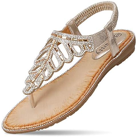 CARETOO Ladies Bohemia Flat Sandals, Women Summer Beach T-Strap Flip Flop Sparkling Rhinestone Walking Shoes Casual, Gold, 5 UK Cover