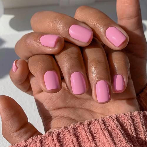 Pink Press On Nails Short Square,KXAMELIE Gel Manicure Press ons with Feature Protective UV Coating,Polish-Free Short Fake Nails,PureFit Technology Reusable Press-on Nails for Women Girls Daily Wear