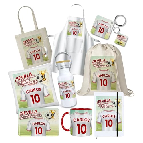 Kembilove® Pack Regalo Personalizado Sevilla Fútbol | Regalo Único Fan Sevilla Nombre Número | Souvenir Oficial Equipo Sevilla Regalo Fútbol para Aficionados Leales del Club Sevillista
