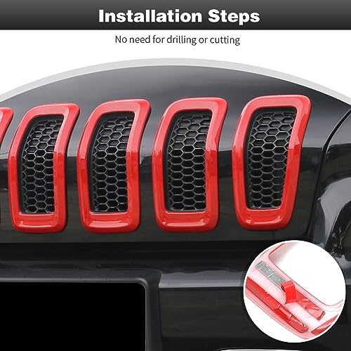 Image of CheroCar for Jeep Cherokee Front Grille Cover Grill Frame Trim Inserts Fits for 2014-2018 Jeep Cherokee,Red