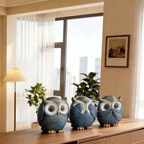 Juego de 3 Búhos Decorativos para Hogar Azul miniatura 6