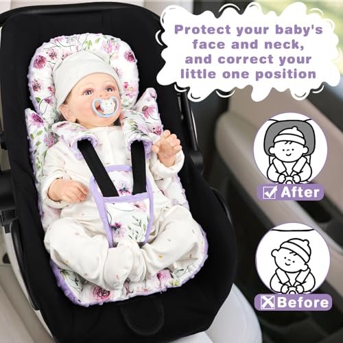Image of GFU 3-in-1 Infant Car Seat Insert, Soft Head and Body Support,Ultra & Strap Covers Set, Reversible Newborn Car Seat Cushion Pad for Baby Boy & Girl fits Stroller, Swing, Bouncer (Purple)