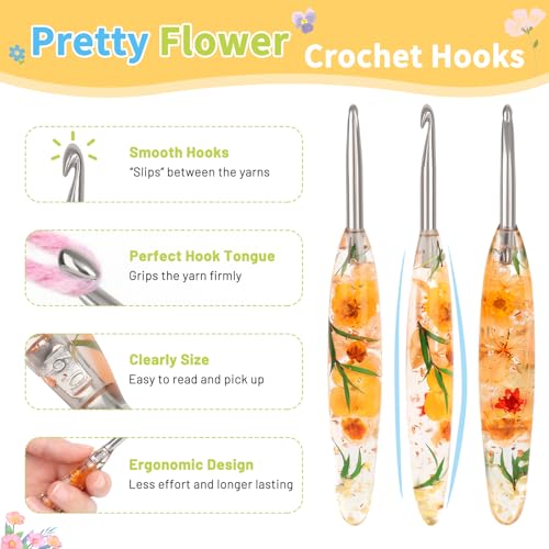 Image of Coopay Crochet Hook Set, 9 PCS Crochet Hooks with Case (2.5mm-6.5mm), Floral Resin Grips - Beautiful & Ergonomic, Great for Crocheting Blankets, Dolls, Shawls, Hats, Scarves (C-K)