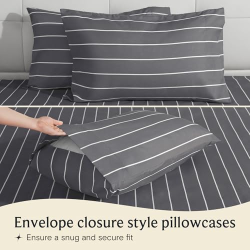 Image of LuxClub 4 PC Cal King Size Sheet Set, Breathable Luxury Bed Sheets, Deep Pockets 18 inch Wrinkle Free Cooling Machine Washable Hotel Bedding (Striped Light Grey)
