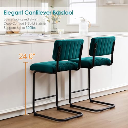 Image of ONEVOG 24 Inch Teal Counter Bar Stools Set of 2, Mid-Century Modern Counter Height Cantilever Bar Chairs for Kitchen Island, Upholstered Velvet Fabric Barstools with Back & Matte Black Metal Leg, Teal