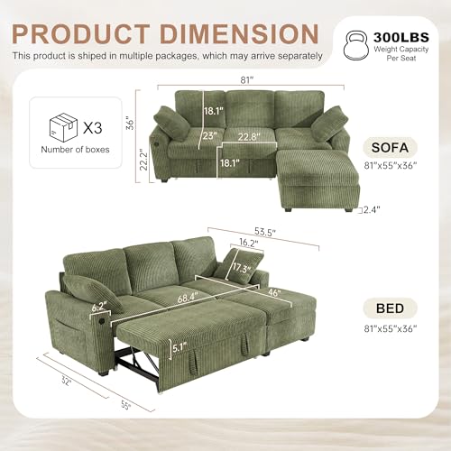 Image of Hanherry 81 inch Sectional Couch with Pull Out Bed,3 Seat Corduroy Sleeper Sofa with Storage Ottoman & USB Charging,Comfy L Shaped Modular Couches for Living Room,Apartment