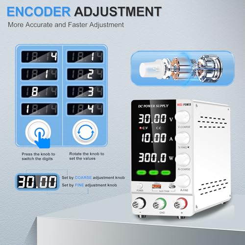 Image of NICE-POWER DC Power Supply Variable 30V 10A, Adjustable Regulated DC Bench Power Supply with OCP /OVP /Encoder /Output Switch, Benchtop Lab Power Supplies PSU with USB-A and Type-C Fast Charge (White)