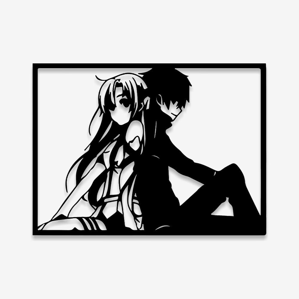 Anime Couple Silhouette Metal Wall Art Minimalist Steel Plaque Home Bedroom Living Room Decor Heavy Duty Waterproof Hanging Ornament (8 INCH)