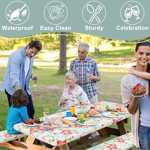 Image of misaya Picnic Table Cover with Bench Cover, Waterproof Elastic Fitted Tablecloth for 8 Foot Tables, Rectangle Washable Polyester Fabric Tablecloths for Picnic, Camping, Outdoor (Butterfly, 30 inch x 96 inch)