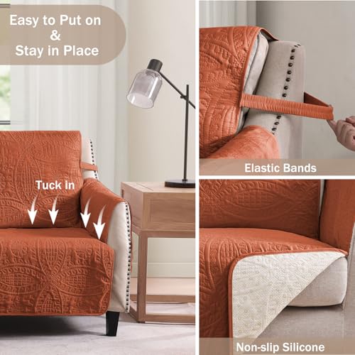 Image of Burnt Orange Sofa Covers with Pockets, Anti-Slip Medallion Couch Covers for 3 Cushion Couch Sofa, Couch Cover for Dogs Water-Repellent Machine Washable (Large Sofa 68 inch, Burnt Orange)