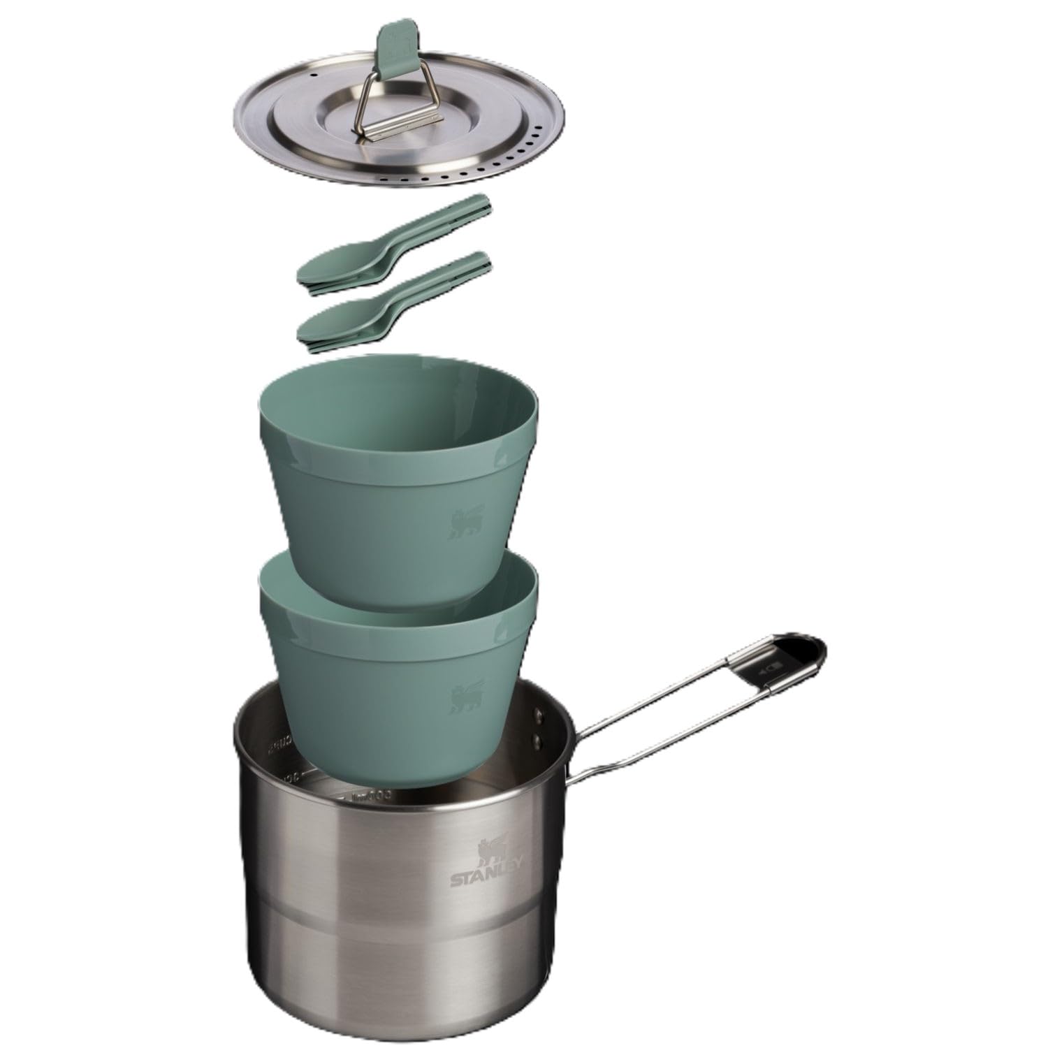 Stanley 1913 Wildfare Go Two Bowl Cook Set 1.1L - Shale/Charcoal - 6-teiliges Camping-Kochset - Outdoor-Kochset - Edelstahltopf mit Deckel - Kochset für Backpacker und Camper