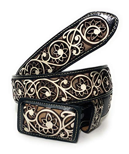 Men's Engraved Western Belt Cinto Charro Grabado Vaquero Leather Belt (36)2