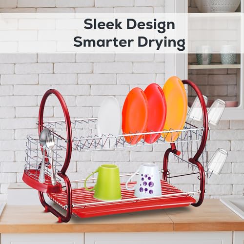 AKH 2-Tier Stainless Steel Dish Drainer Rack with Cutlery Holder, Cup Holder & Drip Tray - Rust-Free Draining board rack, Compact Kitchen Sink Drainer Rack for Plates, Bowls & Utensils (Red) - Image 7