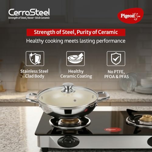 Image of Pigeon Cerrasteel 24cm Ceramic Kadai| Non-Stick| Ceramic Coated| Beige