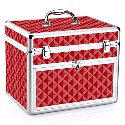 Makeup Case - Professional Portable Aluminum Cosmetic Storage Organizer For Nail Polish Artist With Drawer and Dividers Crystal Red