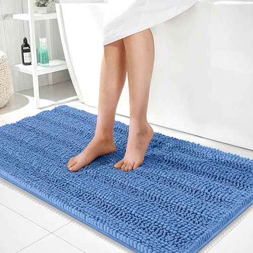 Image of OLANLY Thick Bathroom Runner Rugs 44x24, Extra Absorbent Chenille Striped Bath Rugs, Rubber Backing, Machine Wash, Long Bath Mats for Bathroom, Tub and Shower, Home Decor Accessories, Cornflower Blue